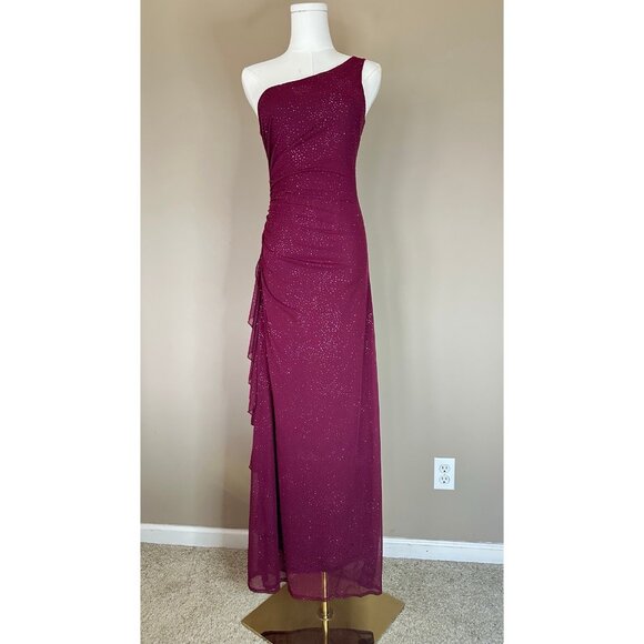 VTG Y2K Long Formal Dress Women S One Shoulder Sparkle Overlay Ruched Ruffle - Picture 2 of 9